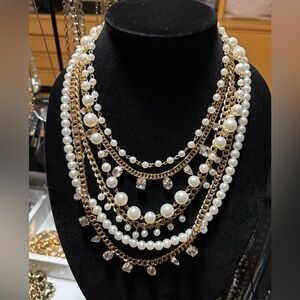 Multi-Layer Pearl & Gold Chain Statement Necklace - Women Jewelry